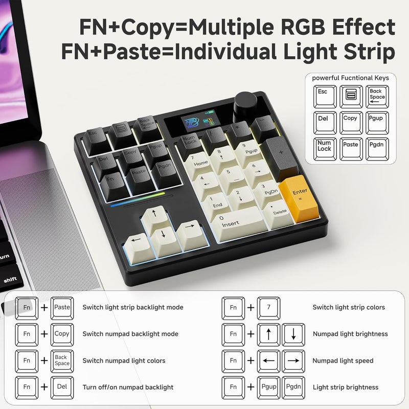 Boyi TD31Pro Mechanical Numpad,Mini Keyboard with Screen&Knob,Bluetooth5.0/2.4G/Type-C Wireless Numeric Keypad,Gasket HotSwap RGB Number Pad,PBT Keycaps Rechargeable Number keypad for PC(Black-Grey) - Image 5